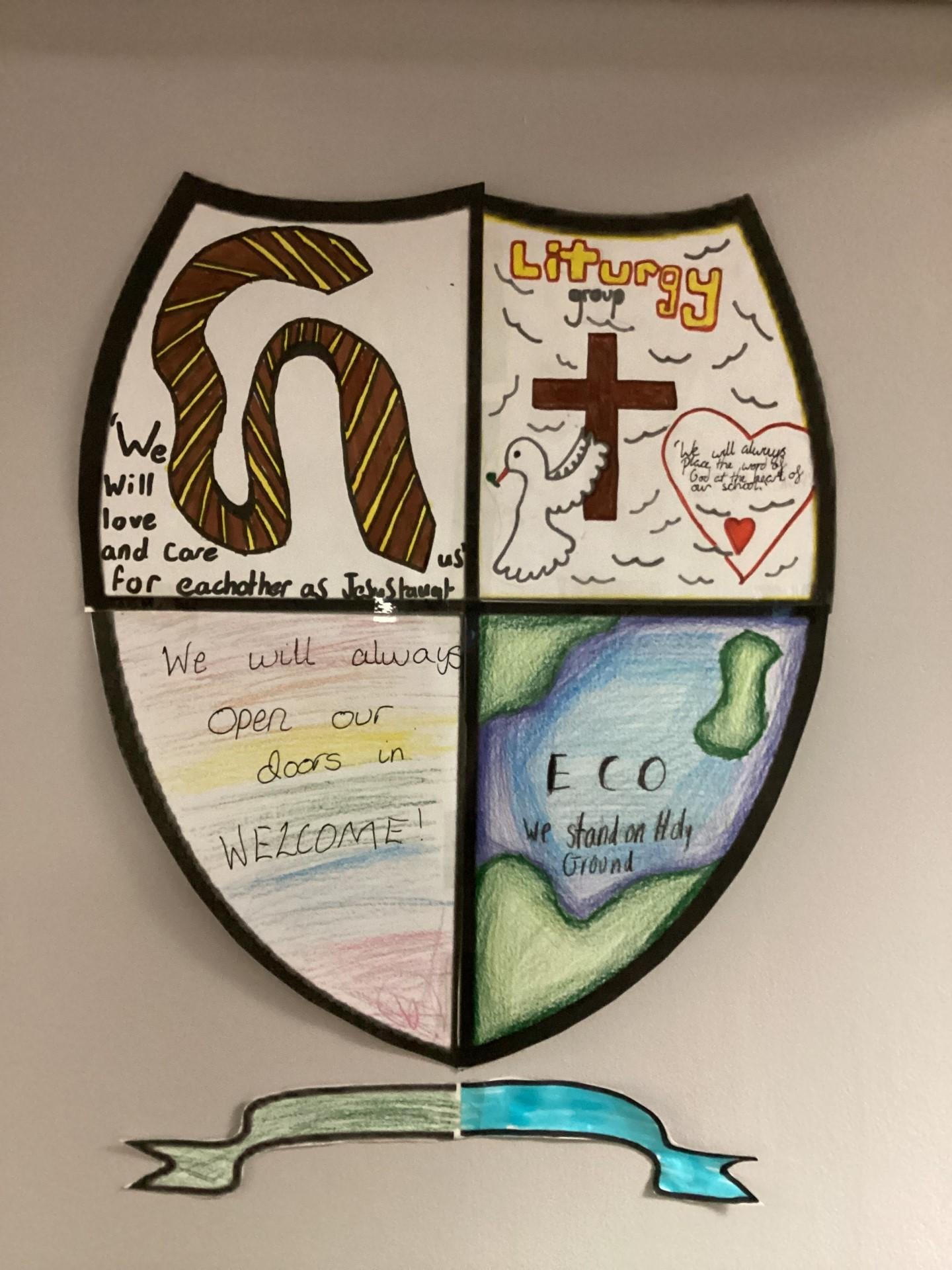 This is our school shield which represents the four school groups.
